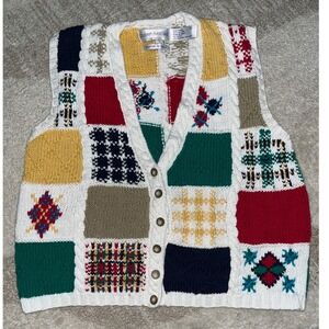 Robert Scott Ltd Vintage Patchwork Sweater Vest Hand Knitted Multi Color Large